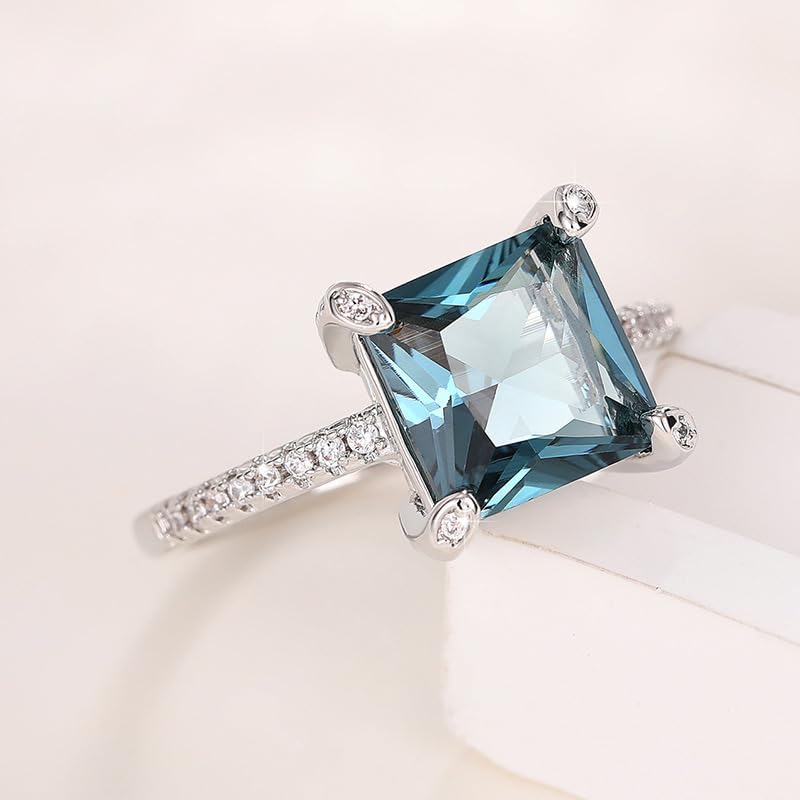 Htayekog Blue quadriprong Square Zircon Ring Promise Rings for her, Diamond Ring Eternity Rings Cocktail Ring 18K Gold Plated for Women Square cz Engagement Ring Promise Engagement Band Size 6-10（10） - Image 3